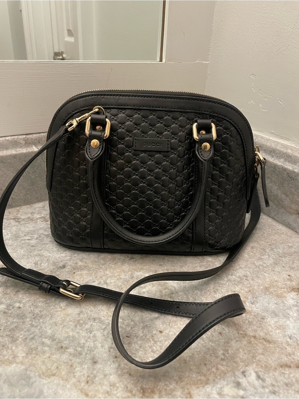 Gucci Black Embossed Signature Crossbody Satchel